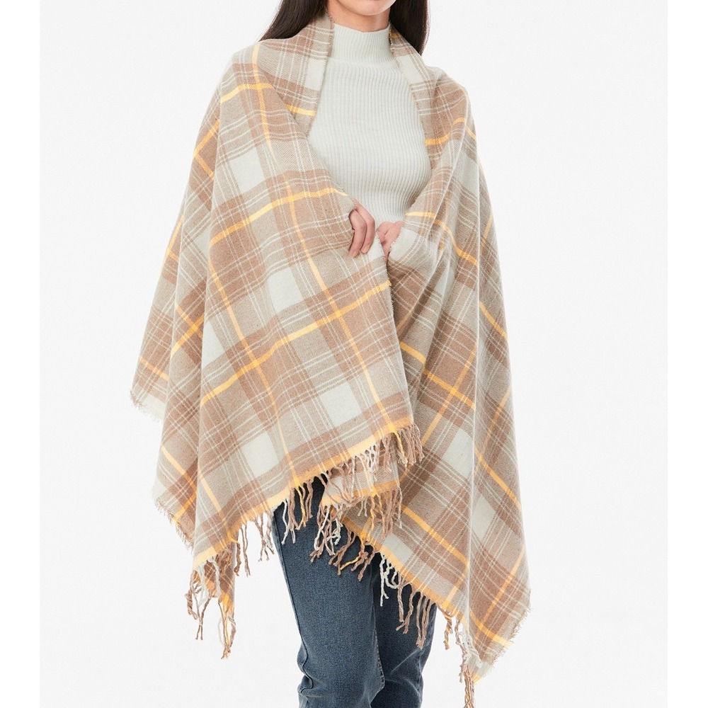 J.Crew Plaid Fringed Cape Wrap, Medium / Large Tan Wool Blend | Classic, Travel